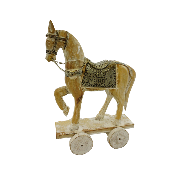 Accesorio decorativo Caballo hindú de madera con ruedas